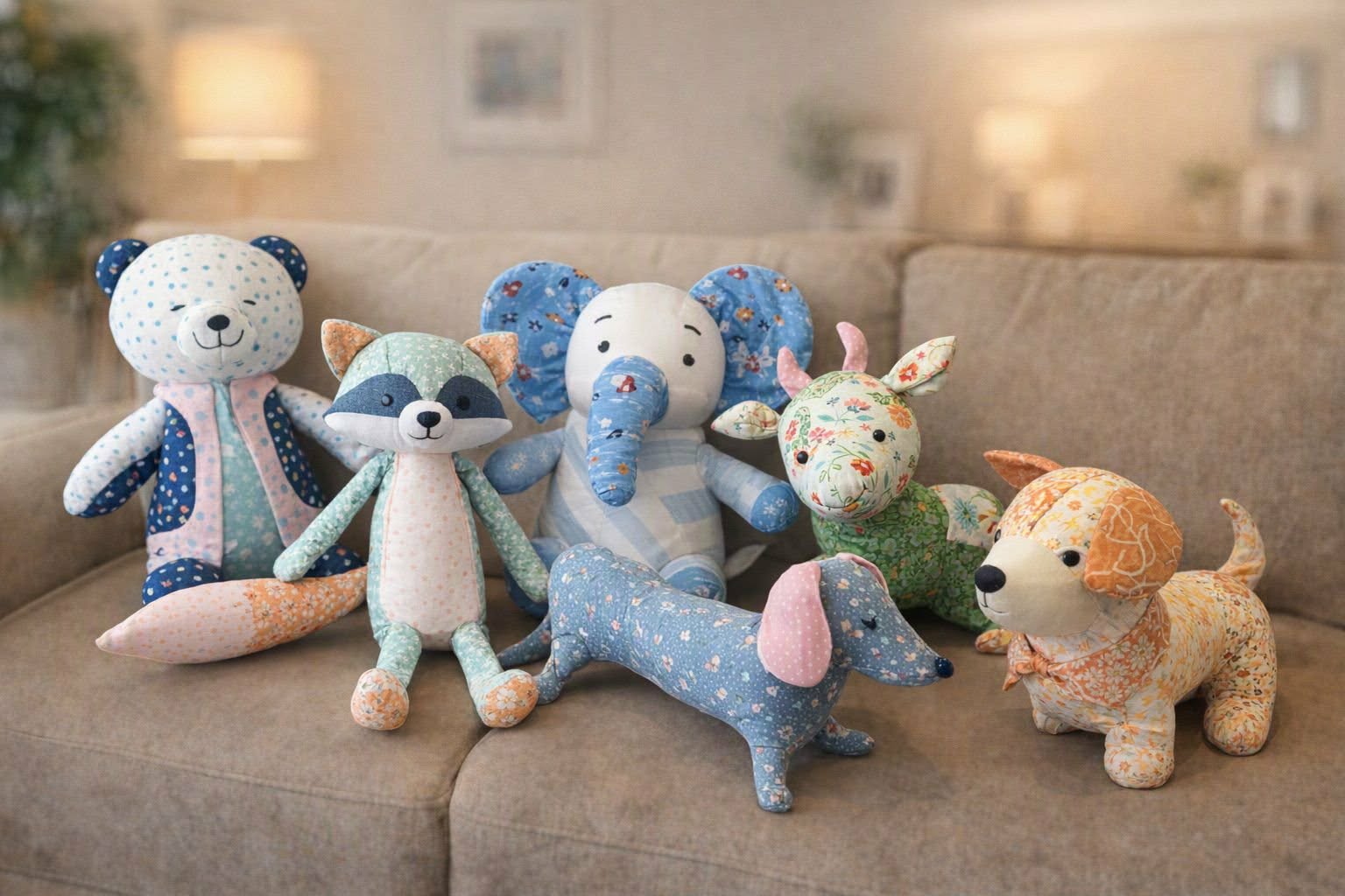Collection of handmade memory animals on a sofa