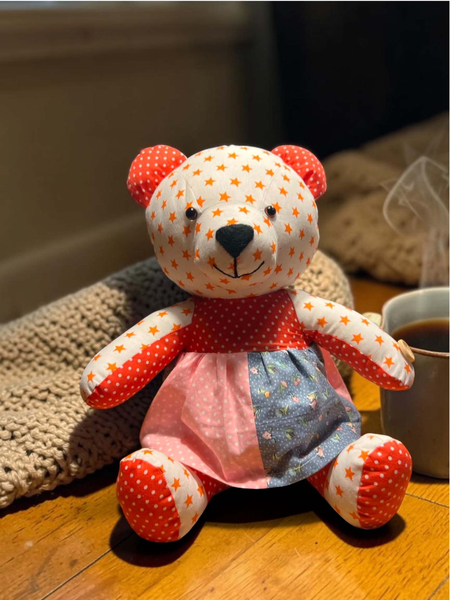 Handmade patchwork memory bear waving