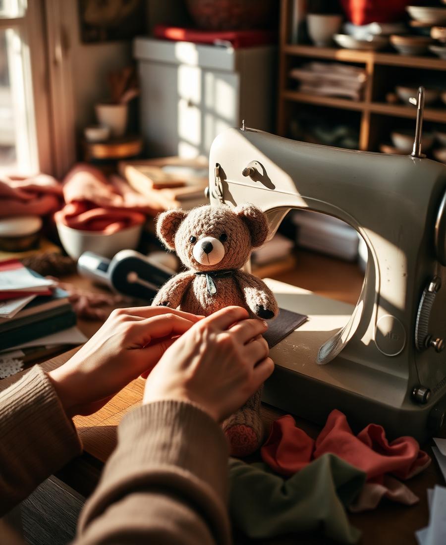 Hands sewing a handmade memory bear at a vintage sewing machine